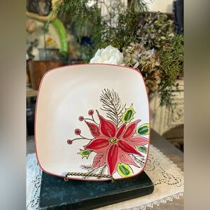 Spectrum white & red poinsettia ceramic square plate EUC